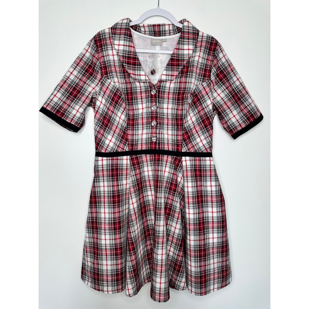 eShakti Plaid Fit Flare Dress Size 16 Red Button Front Short Sleeve Academia
